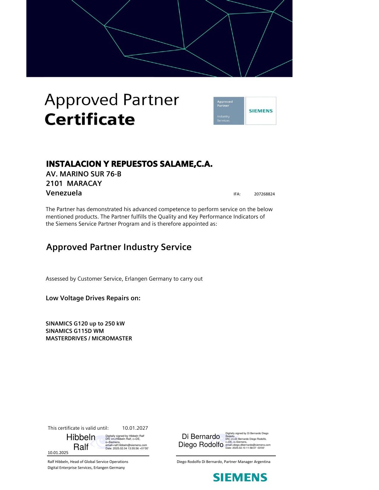 Certificado Siemens Approved Partner Industry Service