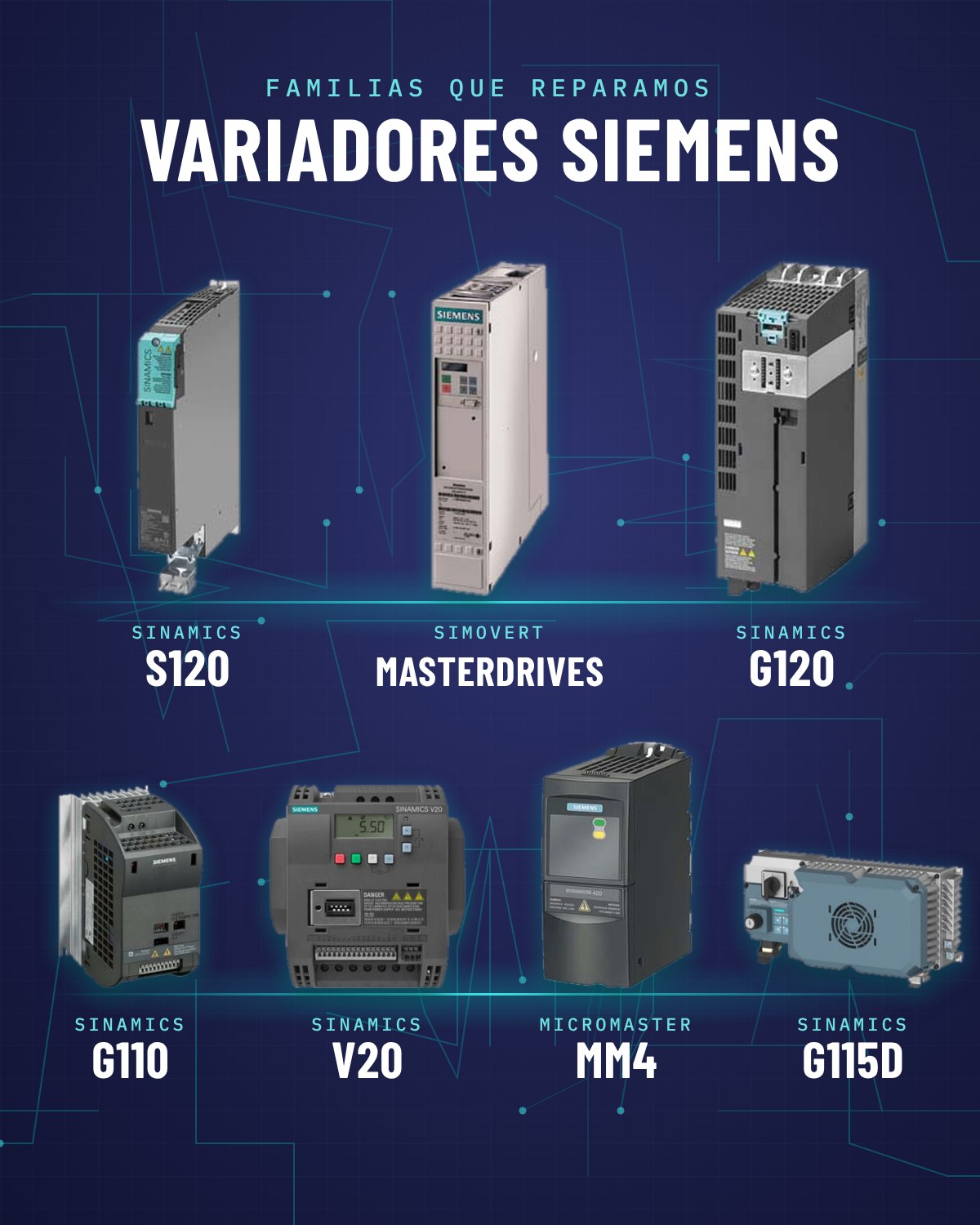 Familias de variadores Siemens que repara IRSALAME: SINAMICS S120, G120, G110, V20, G115D, MICROMASTER 4 y MASTERDRIVES
